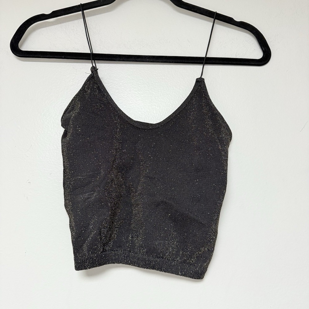 Free People Black Metallic Sparkle Knit Crop Tank Top‎ Spaghetti Straps